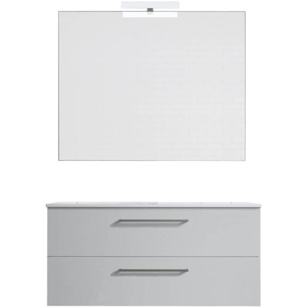 Ensemble de salle de bain meuble suspendu 100cm DOUBLE CLASSIC blanc brillant - Vasque en céramique - Miroir sur châssis - Applique lumineuse