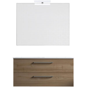 Ensemble de salle de bain meuble suspendu 100cm DOUBLE CLASSIC bois clair - Vasque - Miroir - Applique