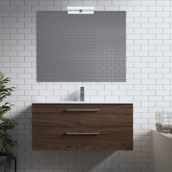 Meuble de salle de bain suspendu 100cm DOUBLE CLASSIC bois foncé - Vasque en céramique – Image 2