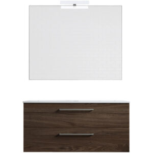 Ensemble de salle de bain meuble suspendu 100cm DOUBLE CLASSIC bois foncé - Vasque - Miroir - Applique