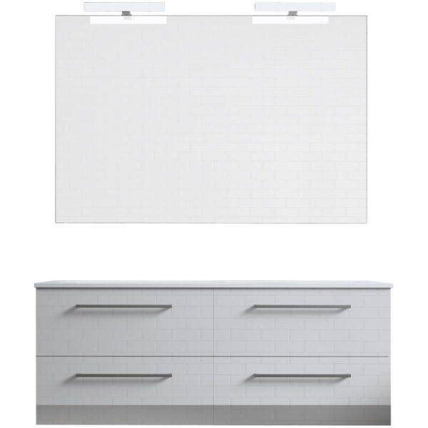 Ensemble de salle de bain meuble suspendu 120cm DOUBLE CLASSIC blanc brillant - Vasque en céramique - Miroir sur châssis - Applique lumineuse