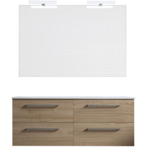 Ensemble de salle de bain meuble suspendu 120cm DOUBLE CLASSIC bois clair - Vasque - Miroir - Applique