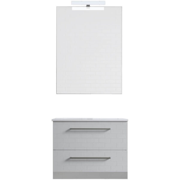 Ensemble de salle de bain meuble suspendu 60cm DOUBLE CLASSIC blanc brillant - Vasque en céramique - Miroir sur châssis - Applique lumineuse
