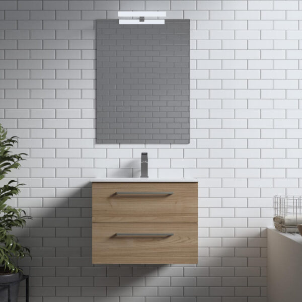 Meuble de salle de bain suspendu 60cm DOUBLE CLASSIC bois clair - Vasque en céramique – Image 2