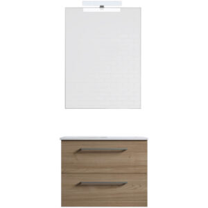 Ensemble de salle de bain meuble suspendu 60cm DOUBLE CLASSIC bois clair - Vasque - Miroir - Applique