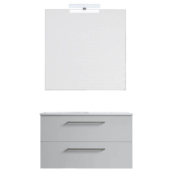 Ensemble de salle de bain meuble suspendu 80cm DOUBLE CLASSIC blanc brillant - Vasque en céramique - Miroir sur châssis - Applique lumineuse