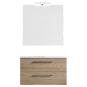 Ensemble de salle de bain meuble suspendu 80cm DOUBLE CLASSIC bois clair - Vasque - Miroir - Applique