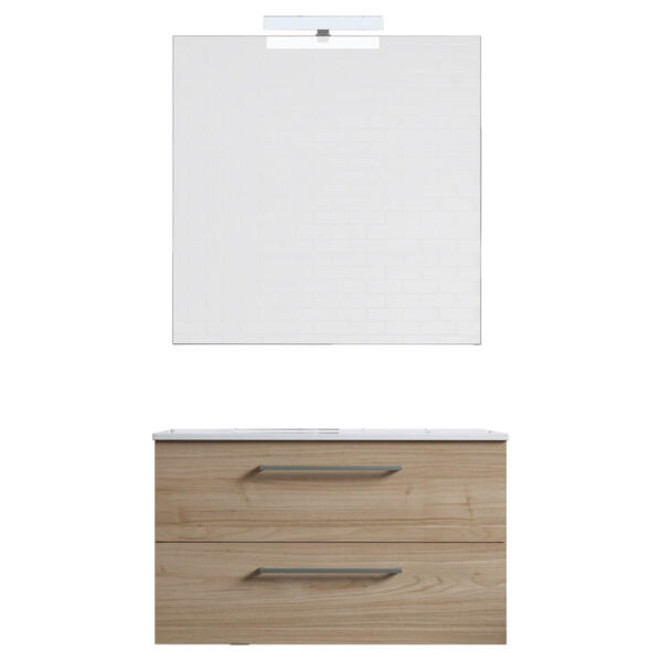 Ensemble de salle de bain meuble suspendu 80cm DOUBLE CLASSIC bois clair - Vasque en céramique - Miroir sur châssis - Applique lumineuse