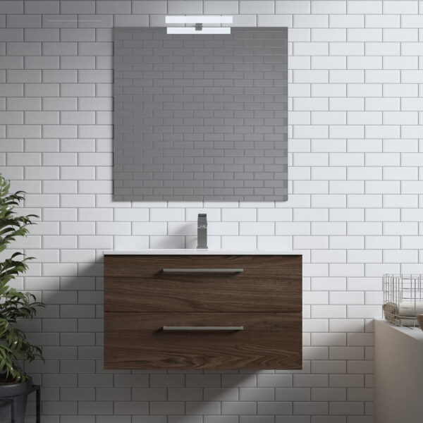 Meuble de salle de bain suspendu 80cm DOUBLE CLASSIC bois foncé - Vasque en céramique – Image 2