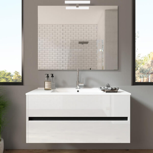 Meuble de salle de bain suspendu 100cm DOUBLE EDGE blanc brillant - Vasque en céramique – Image 2