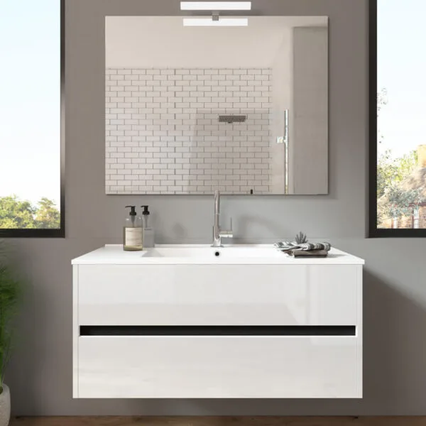 Ensemble de salle de bain meuble suspendu 100cm DOUBLE EDGE blanc brillant - Vasque en céramique - Miroir sur châssis - Applique lumineuse – Image 2