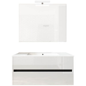 Ensemble de salle de bain meuble suspendu 100cm DOUBLE EDGE blanc brillant - Vasque - Miroir - Applique