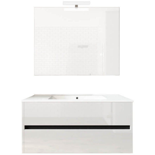 Ensemble de salle de bain meuble suspendu 100cm DOUBLE EDGE blanc brillant - Vasque en céramique - Miroir sur châssis - Applique lumineuse