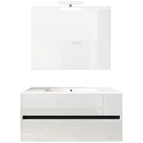 Ensemble de salle de bain meuble suspendu 100cm DOUBLE EDGE blanc brillant - Vasque en céramique - Miroir sur châssis - Applique lumineuse