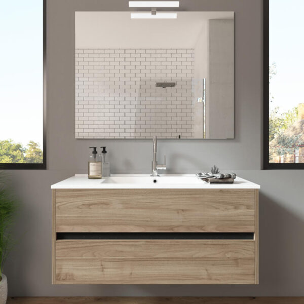 Meuble de salle de bain suspendu 100cm DOUBLE EDGE bois clair - Vasque en céramique – Image 2