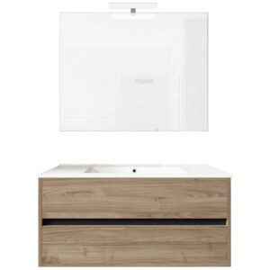 Ensemble de salle de bain meuble suspendu 100cm DOUBLE EDGE bois clair - Vasque - Miroir - Applique
