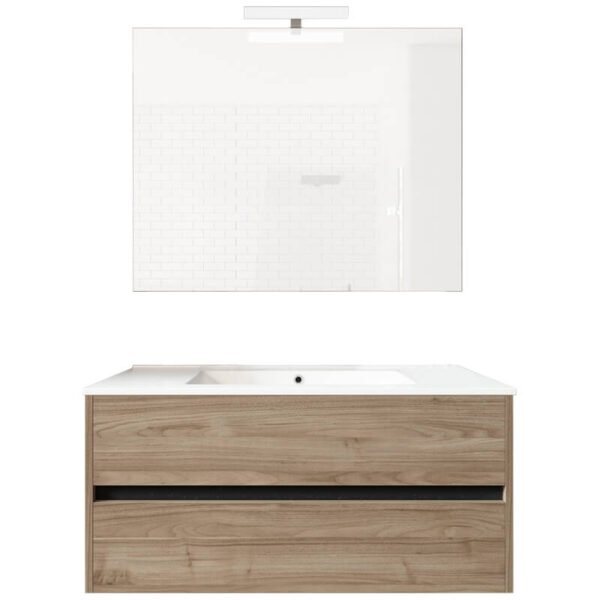 Ensemble de salle de bain meuble suspendu 100cm DOUBLE EDGE bois clair - Vasque en céramique - Miroir sur châssis - Applique lumineuse