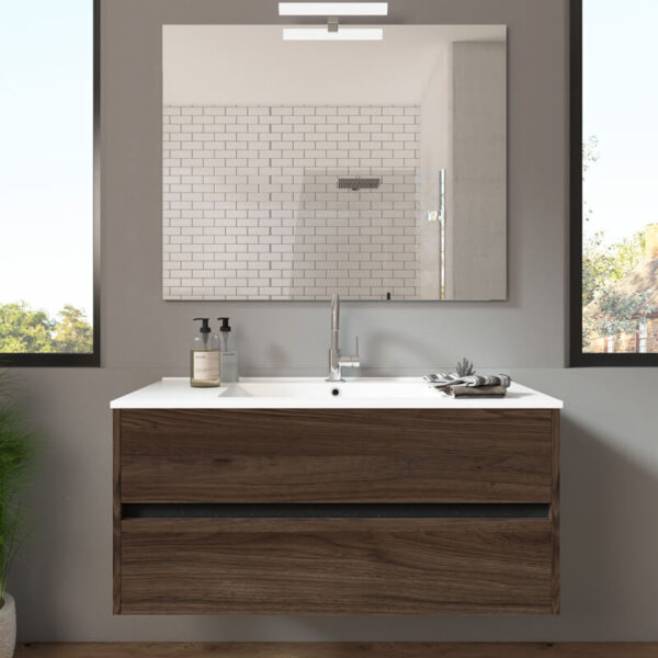 Ensemble de salle de bain meuble suspendu 100cm DOUBLE EDGE bois foncé - Vasque en céramique - Miroir sur châssis - Applique lumineuse – Image 2