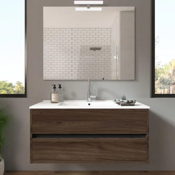 Meuble de salle de bain suspendu 100cm DOUBLE EDGE bois foncé - Vasque en céramique – Image 2