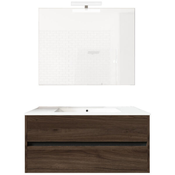 Ensemble de salle de bain meuble suspendu 100cm DOUBLE EDGE bois foncé - Vasque en céramique - Miroir sur châssis - Applique lumineuse