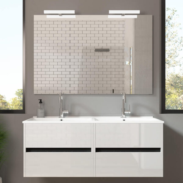 Ensemble de salle de bain meuble suspendu 120cm DOUBLE EDGE blanc brillant - Vasque en céramique - Miroir sur châssis - Applique lumineuse – Image 2