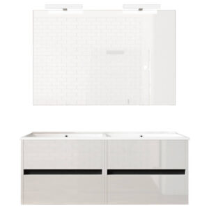 Ensemble de salle de bain meuble suspendu 120cm DOUBLE EDGE blanc brillant - Vasque - Miroir - Applique