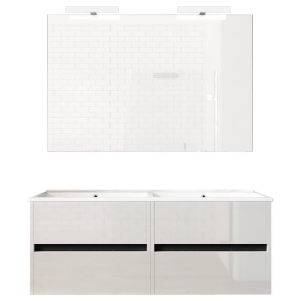 Ensemble de salle de bain meuble suspendu 120cm DOUBLE EDGE blanc brillant - Vasque en céramique - Miroir sur châssis - Applique lumineuse