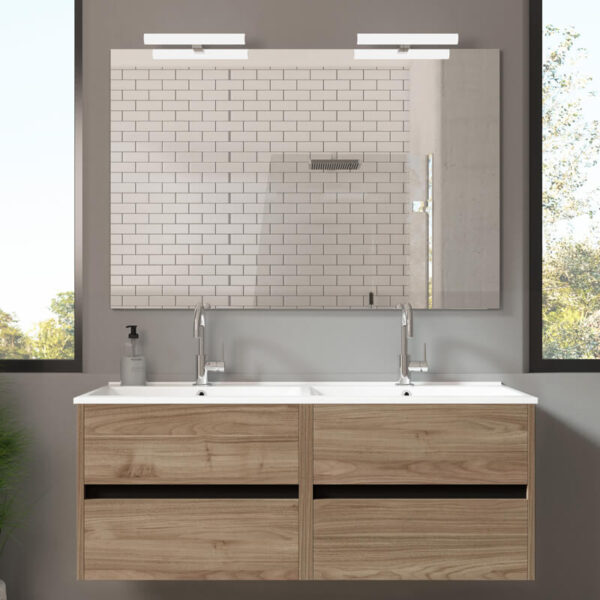 Ensemble de salle de bain meuble suspendu 120cm DOUBLE EDGE bois clair - Vasque en céramique - Miroir sur châssis - Applique lumineuse – Image 2