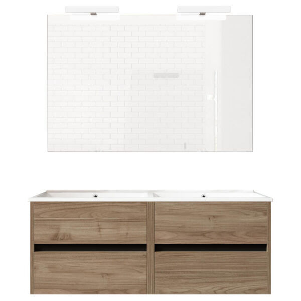 Ensemble de salle de bain meuble suspendu 120cm DOUBLE EDGE bois clair - Vasque en céramique - Miroir sur châssis - Applique lumineuse