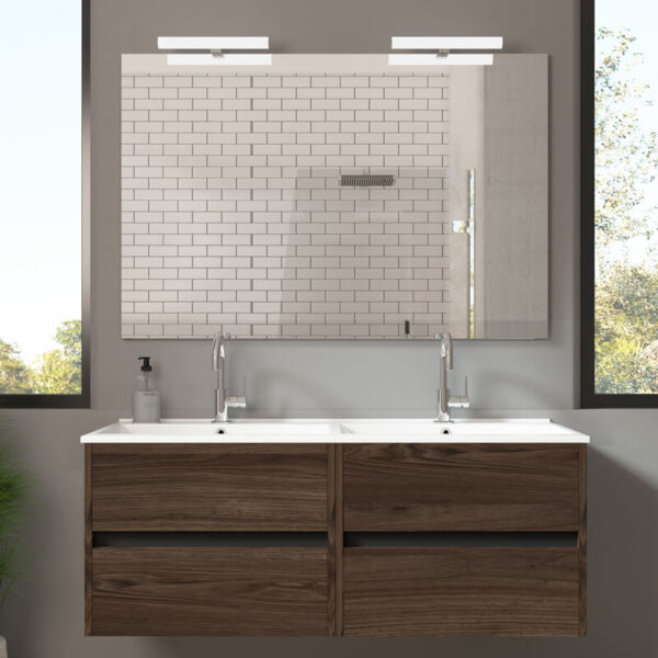 Ensemble de salle de bain meuble suspendu 120cm DOUBLE EDGE bois foncé - Vasque en céramique - Miroir sur châssis - Applique lumineuse – Image 2