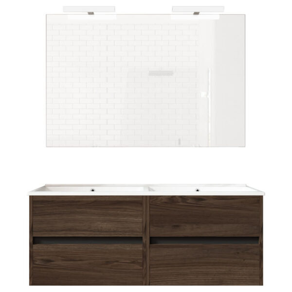 Ensemble de salle de bain meuble suspendu 120cm DOUBLE EDGE bois foncé - Vasque en céramique - Miroir sur châssis - Applique lumineuse