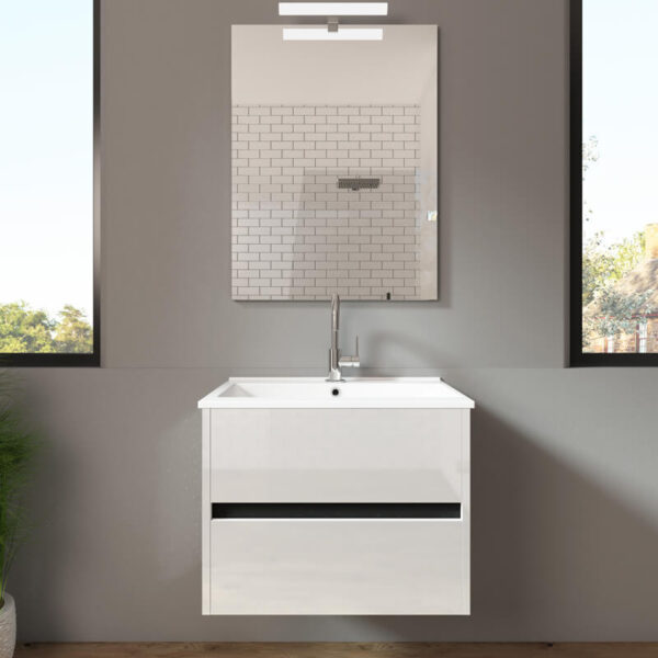 Ensemble de salle de bain meuble suspendu 60cm DOUBLE EDGE blanc brillant - Vasque en céramique - Miroir sur châssis - Applique lumineuse – Image 2