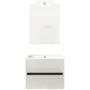 Ensemble de salle de bain meuble suspendu 60cm DOUBLE EDGE blanc brillant - Vasque - Miroir - Applique
