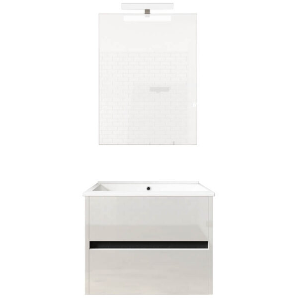 Ensemble de salle de bain meuble suspendu 60cm DOUBLE EDGE blanc brillant - Vasque en céramique - Miroir sur châssis - Applique lumineuse