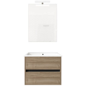Ensemble de salle de bain meuble suspendu 60cm DOUBLE EDGE bois clair - Vasque - Miroir - Applique