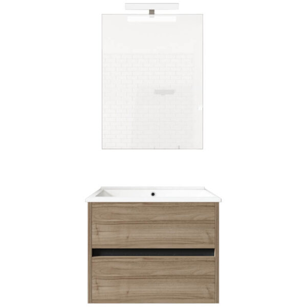 Ensemble de salle de bain meuble suspendu 60cm DOUBLE EDGE bois clair - Vasque en céramique - Miroir sur châssis - Applique lumineuse