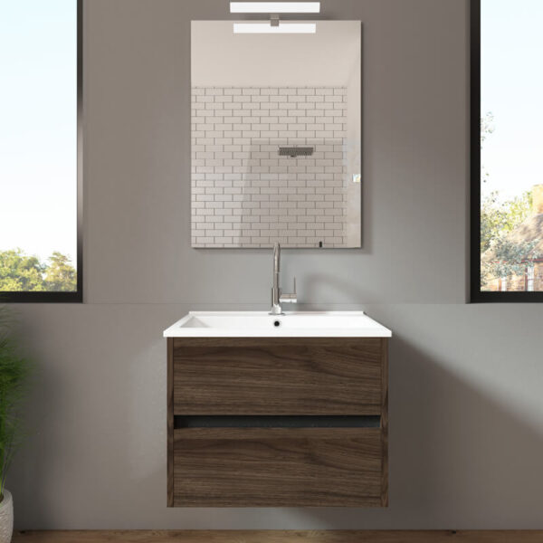 Ensemble de salle de bain meuble suspendu 60cm DOUBLE EDGE bois foncé - Vasque en céramique - Miroir sur châssis - Applique lumineuse – Image 2