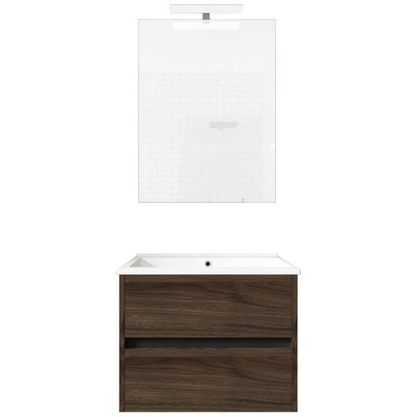 Ensemble de salle de bain meuble suspendu 60cm DOUBLE EDGE bois foncé - Vasque en céramique - Miroir sur châssis - Applique lumineuse