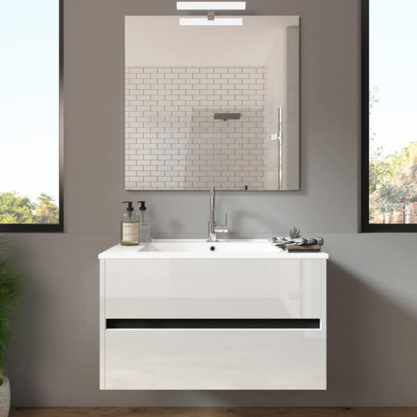 Ensemble de salle de bain meuble suspendu 80cm DOUBLE EDGE blanc brillant - Vasque en céramique - Miroir sur châssis - Applique lumineuse – Image 2