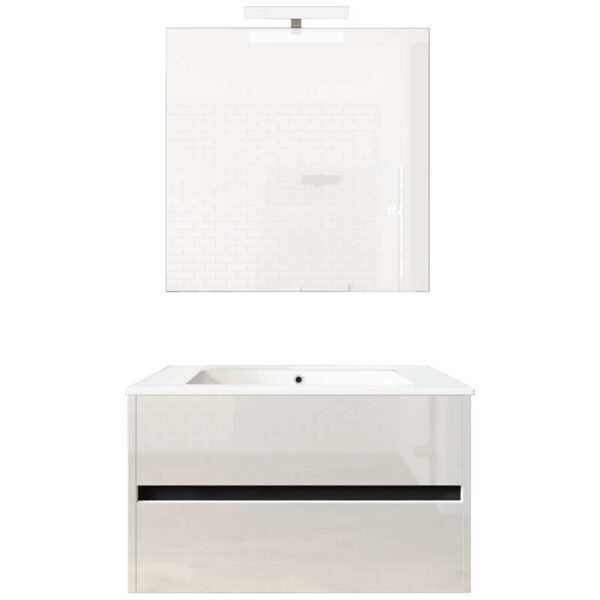 Ensemble de salle de bain meuble suspendu 80cm DOUBLE EDGE blanc brillant - Vasque en céramique - Miroir sur châssis - Applique lumineuse