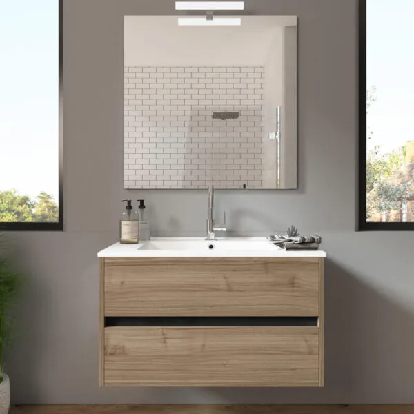 Ensemble de salle de bain meuble suspendu 80cm DOUBLE EDGE bois clair - Vasque en céramique - Miroir sur châssis - Applique lumineuse – Image 2