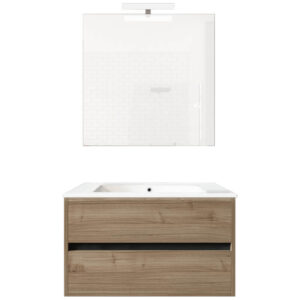 Ensemble de salle de bain meuble suspendu 80cm DOUBLE EDGE bois clair - Vasque - Miroir - Applique