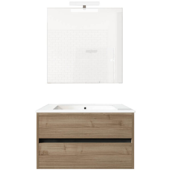 Ensemble de salle de bain meuble suspendu 80cm DOUBLE EDGE bois clair - Vasque en céramique - Miroir sur châssis - Applique lumineuse