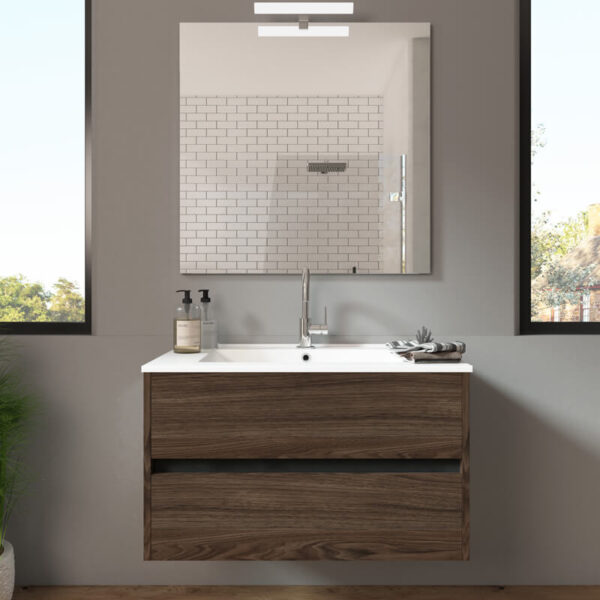 Meuble de salle de bain suspendu 80cm DOUBLE EDGE bois foncé - Vasque en céramique – Image 2