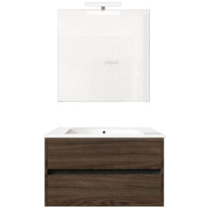 Ensemble de salle de bain meuble suspendu 80cm DOUBLE EDGE bois foncé - Vasque - Miroir - Applique