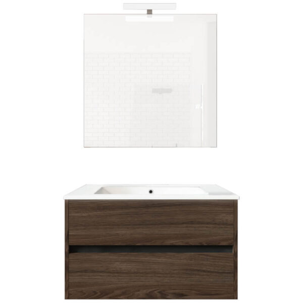 Ensemble de salle de bain meuble suspendu 80cm DOUBLE EDGE bois foncé - Vasque en céramique - Miroir sur châssis - Applique lumineuse