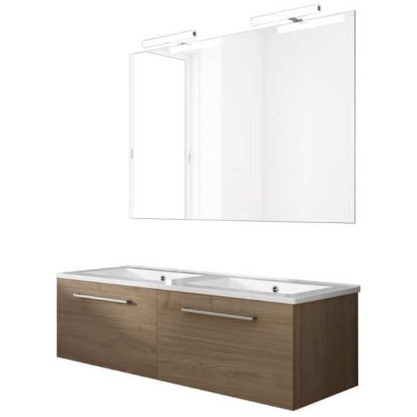 Ensemble de salle de bain meuble suspendu 120cm NICE CLASSIC bois clair - Vasque en céramique - Miroir sur châssis - Applique lumineuse