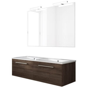 Ensemble de salle de bain meuble suspendu 120cm NICE CLASSIC bois foncé - Vasque - Miroir - Applique