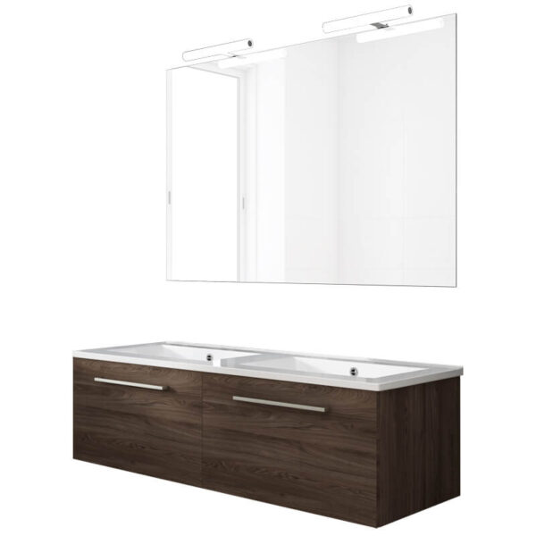 Ensemble de salle de bain meuble suspendu 120cm NICE CLASSIC bois foncé - Vasque en céramique - Miroir sur châssis - Applique lumineuse