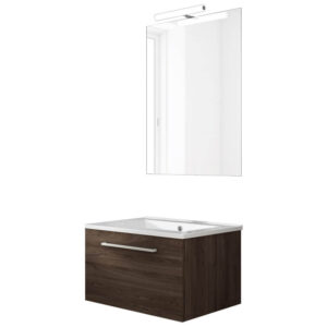 Ensemble de salle de bain meuble suspendu 60cm NICE CLASSIC bois foncé - Vasque - Miroir - Applique